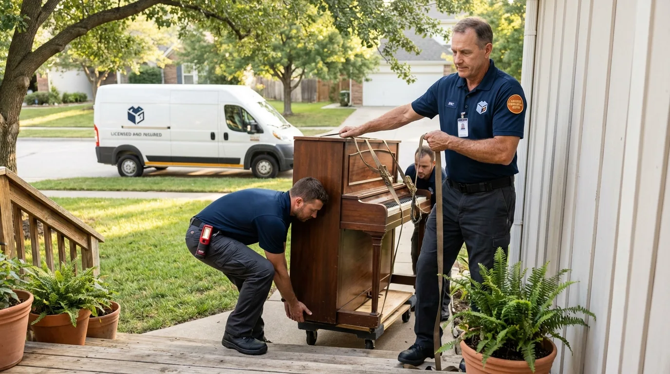 Licensed piano movers securing grand piano in Blossburg, PA