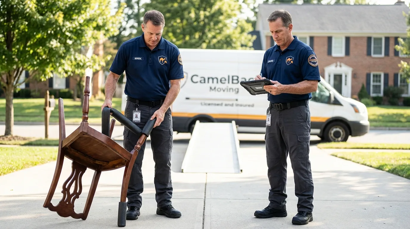 Movers inspecting furniture for damage prevention before loading in Blossburg, PA