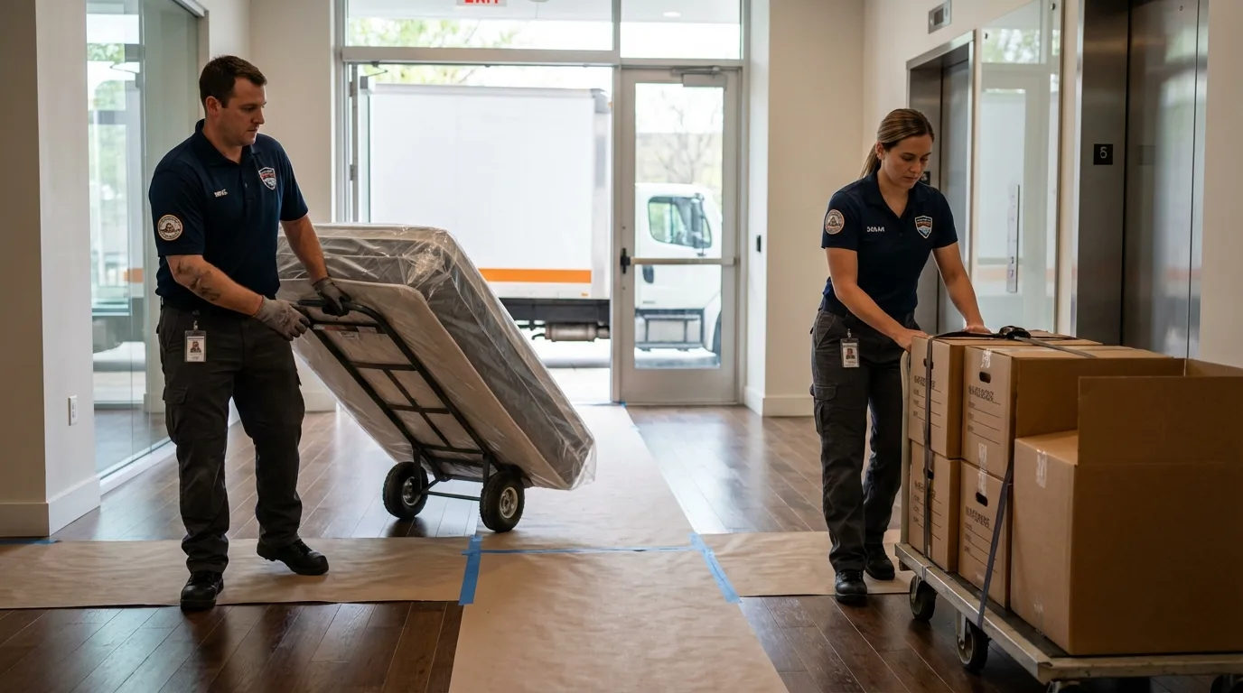 Professional apartment movers loading elevator in Blossburg, PA