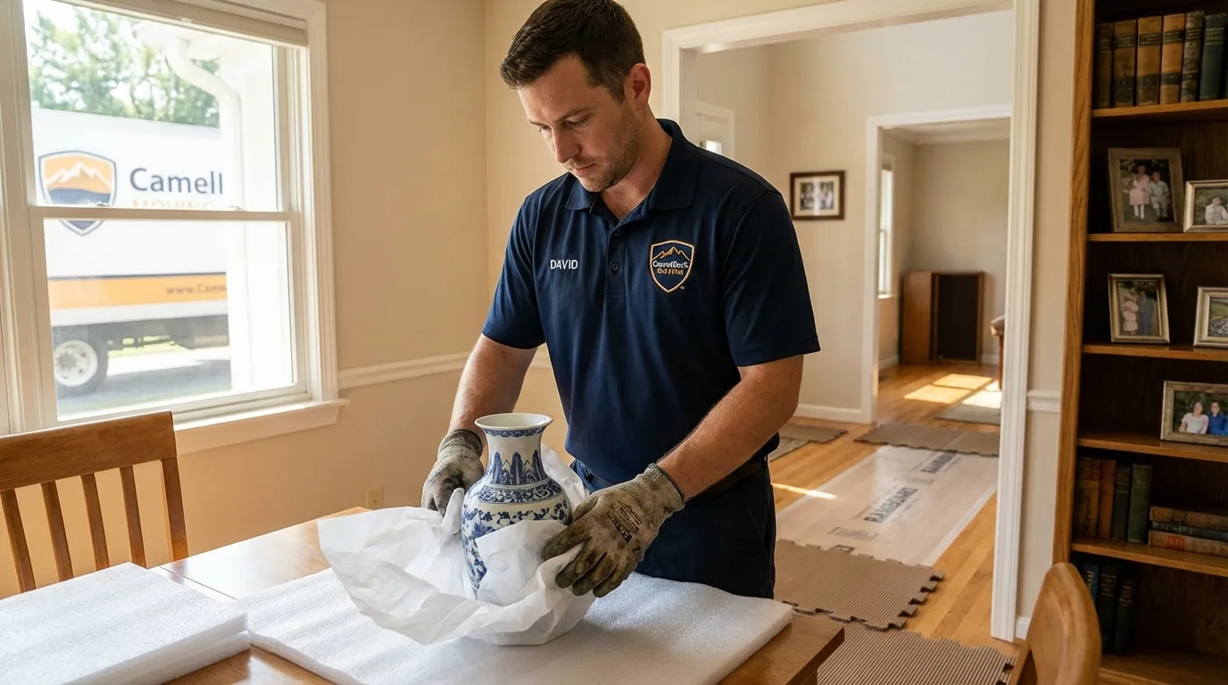 Professional crew carefully wrapping antique vase for senior downsizing move in Blossburg, PA